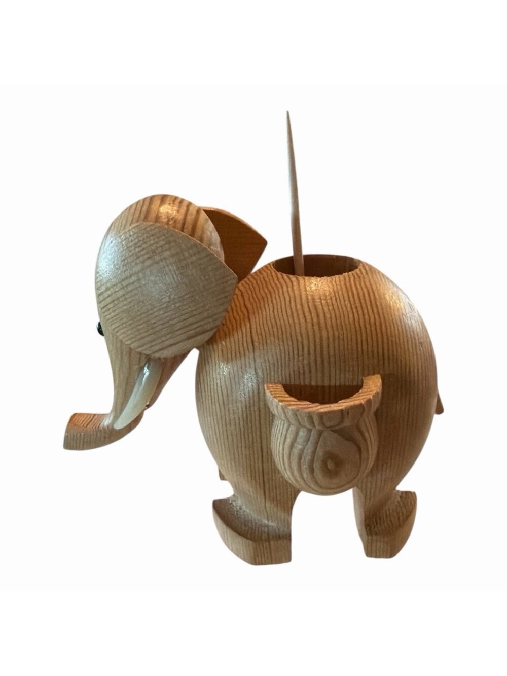 Handcrafted HM Wood Carved Happy Whimsical Wooden Elephant Toothpick Holder MCM